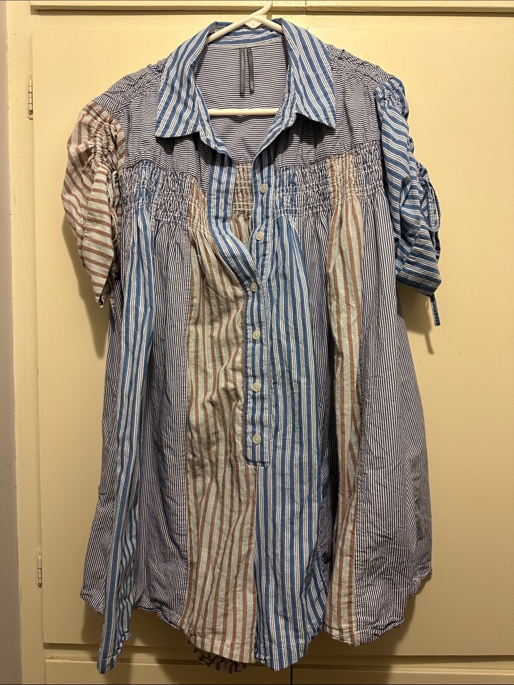 Striped Button-Front Peasant Swing Romper in Blue and Brown